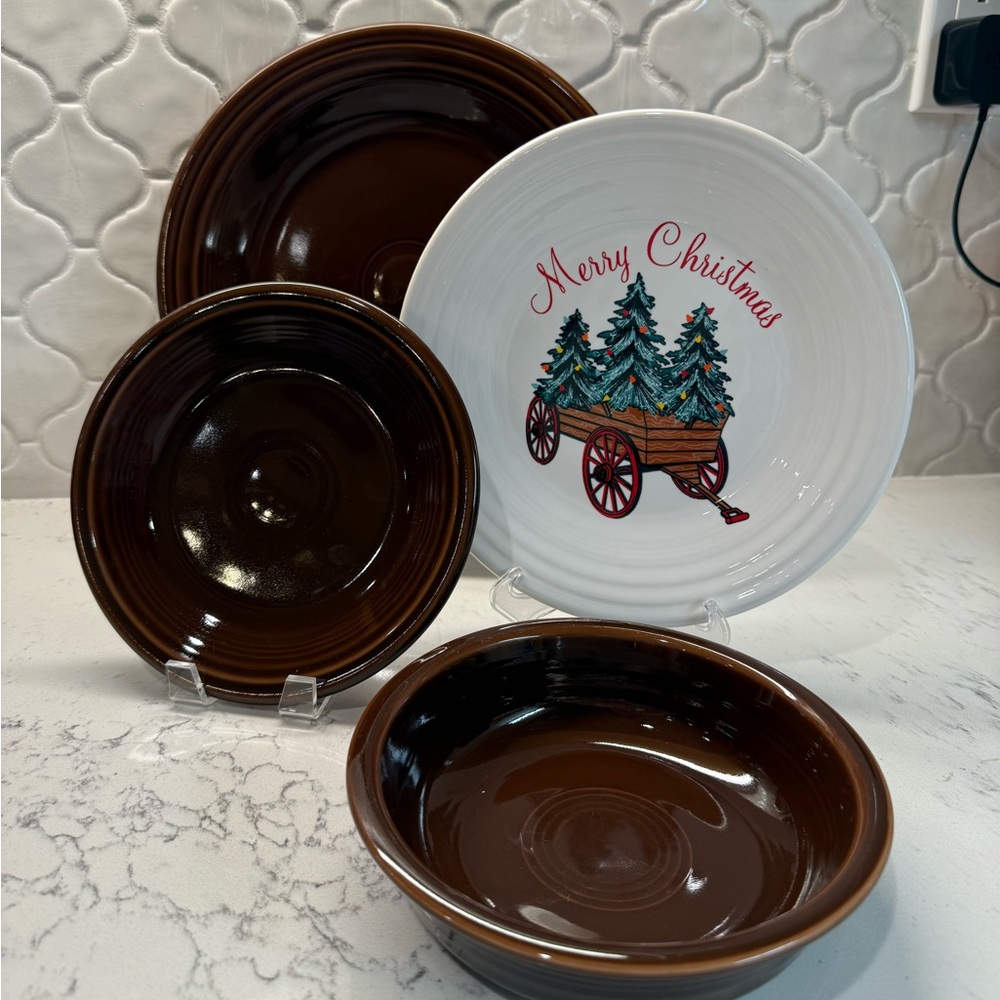 Fiestaware Chocolate Dinnerware Set with Christmas Wagon Luncheon Plate